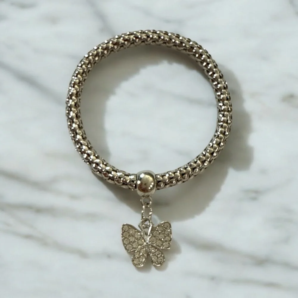 Elegant Stretch Bracelet Set - Rose Gold & Silver Butterfly‎ Charms
